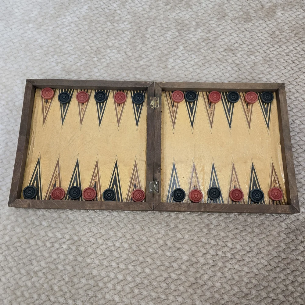 Vintage Wooden Checkers Backgammon Set Folding Board Games Rustic Decor. - Picture 5 of 16
